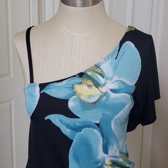 Vintage 90s Y2K One Shoulder Top Blouse Black Teal Bold Flower - Picture 5 of 11